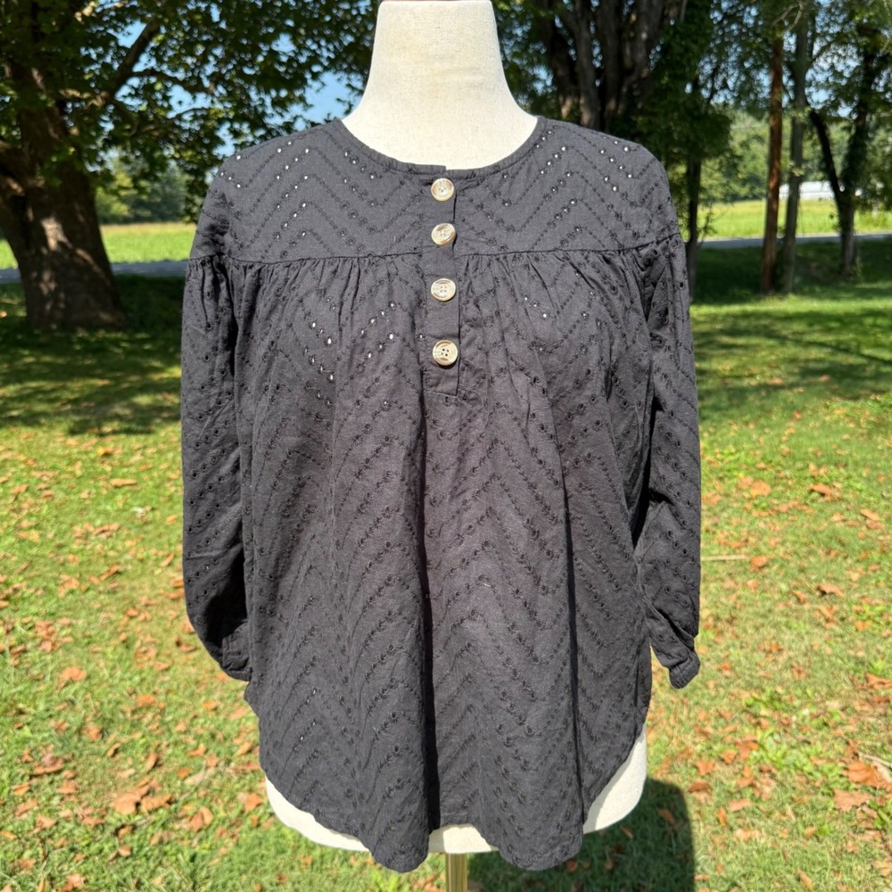 Wishing Waves Black Eyelet Cotton Blouse XL Chevron Embroidered Top Boho Chic